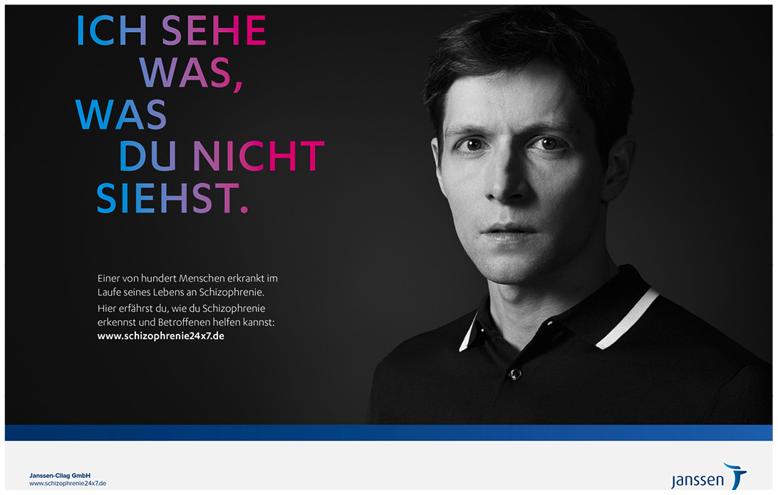 Schwarz Weiss Portrait eines jungen Mannes. Aufmerksamkeitskampagne für Schizophrenie